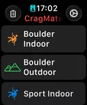 CragMate on Apple Watch - pick session: Boulder Indoor, Boulder Outdoor, Sport Indoor