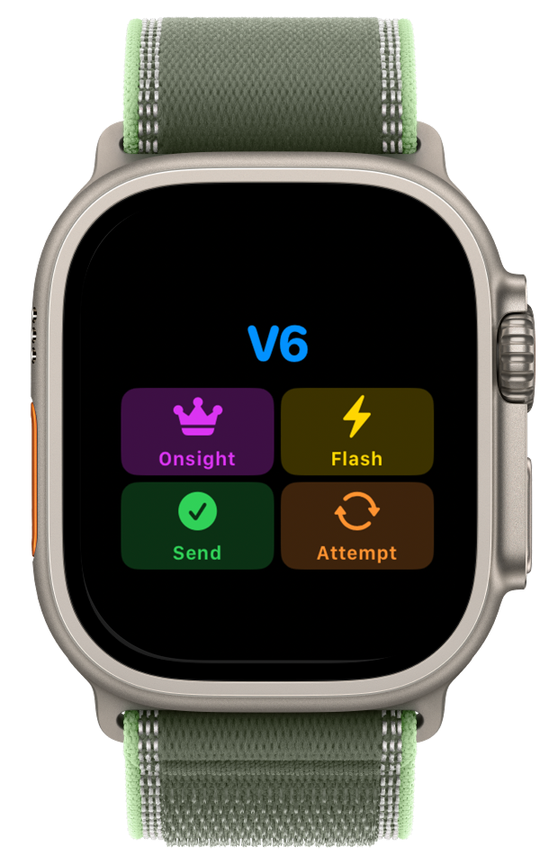 CragMate on Apple Watch — Digital Crown grade picker with Send, Flash, Onsight, Attempt