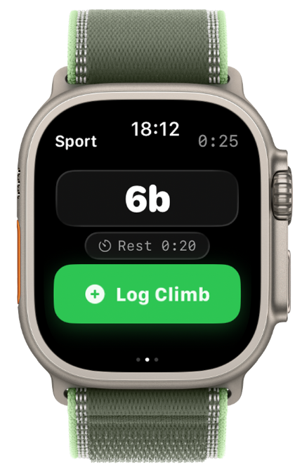 CragMate on Apple Watch — grade dialed to 6b sport climb with Log Climb button.