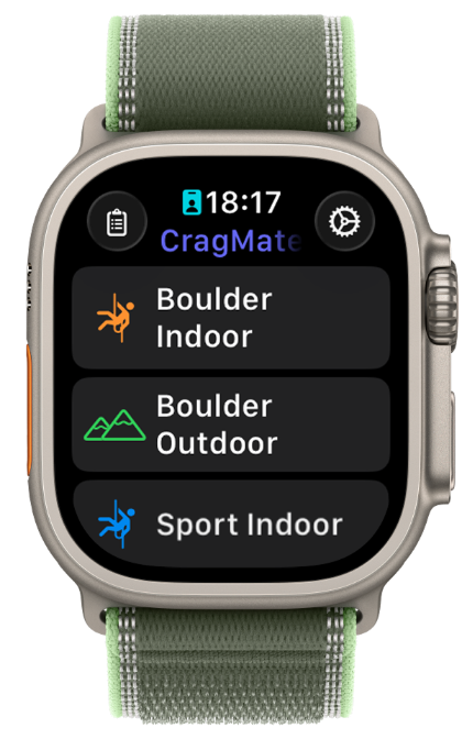 CragMate on Apple Watch — pick session: Boulder Indoor, Boulder Outdoor, Sport Indoor.